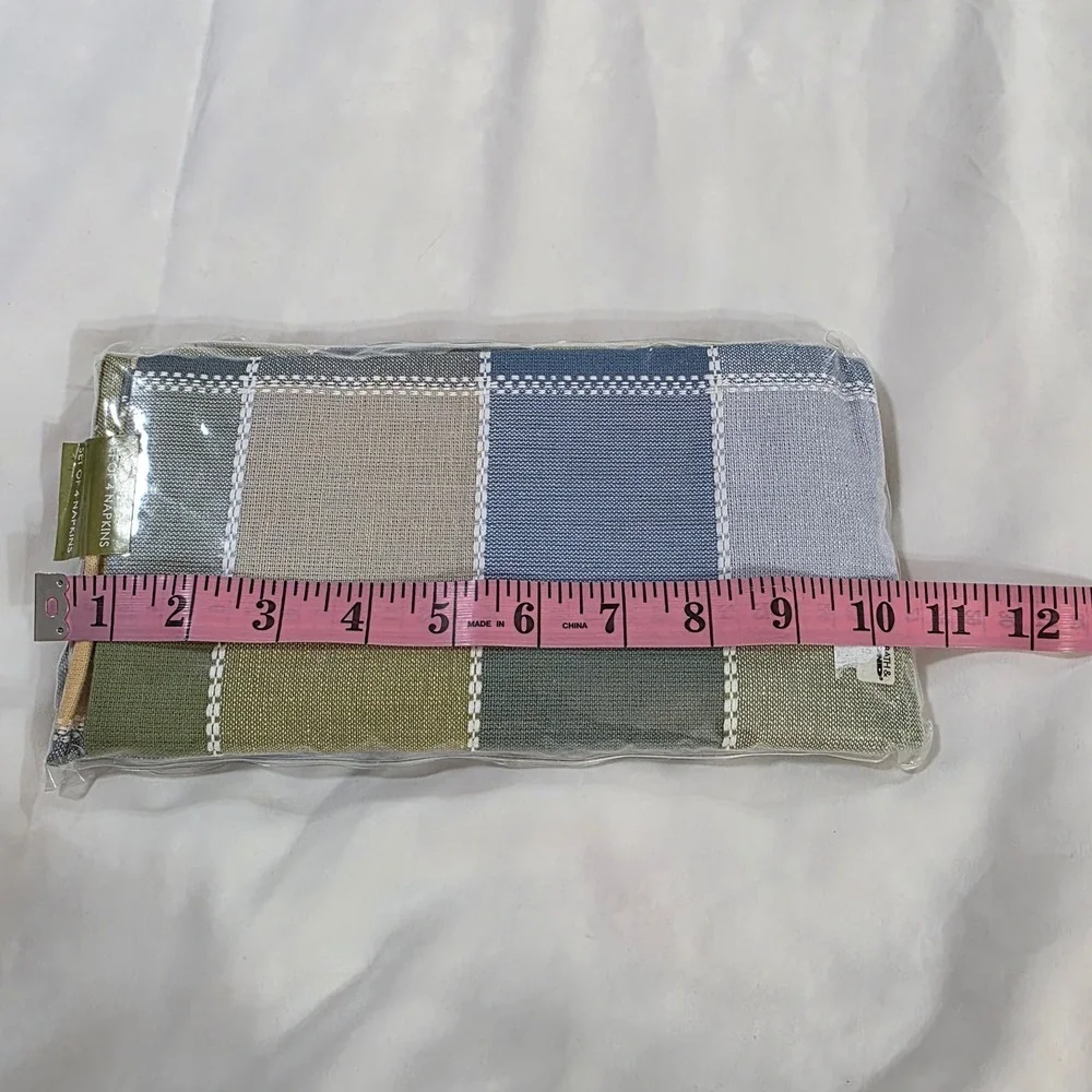 Bed Bath & Beyond Patchwork Plaid Napkin Set of 4 Green Blue Tan Woven Cloth VTG